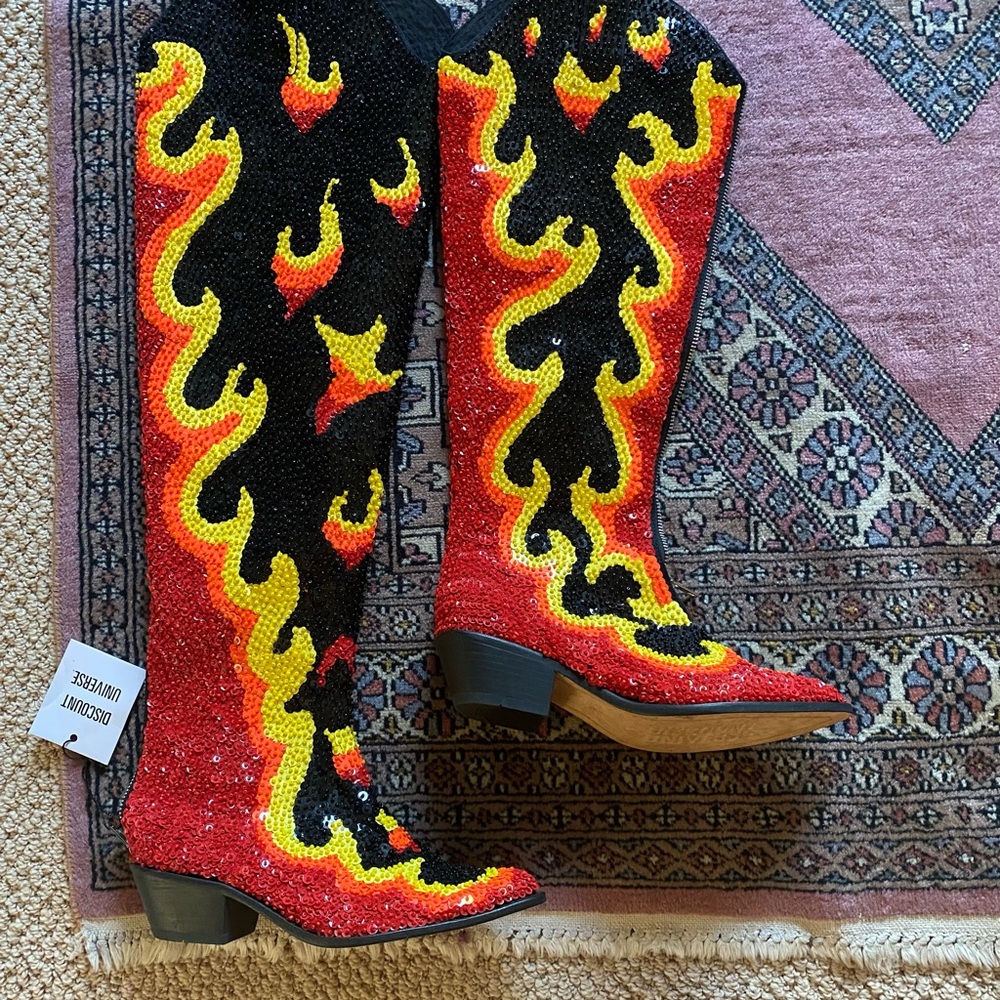 Discount Universe The Flame Hand Embellished Sequin Uneven Cowboy Boots